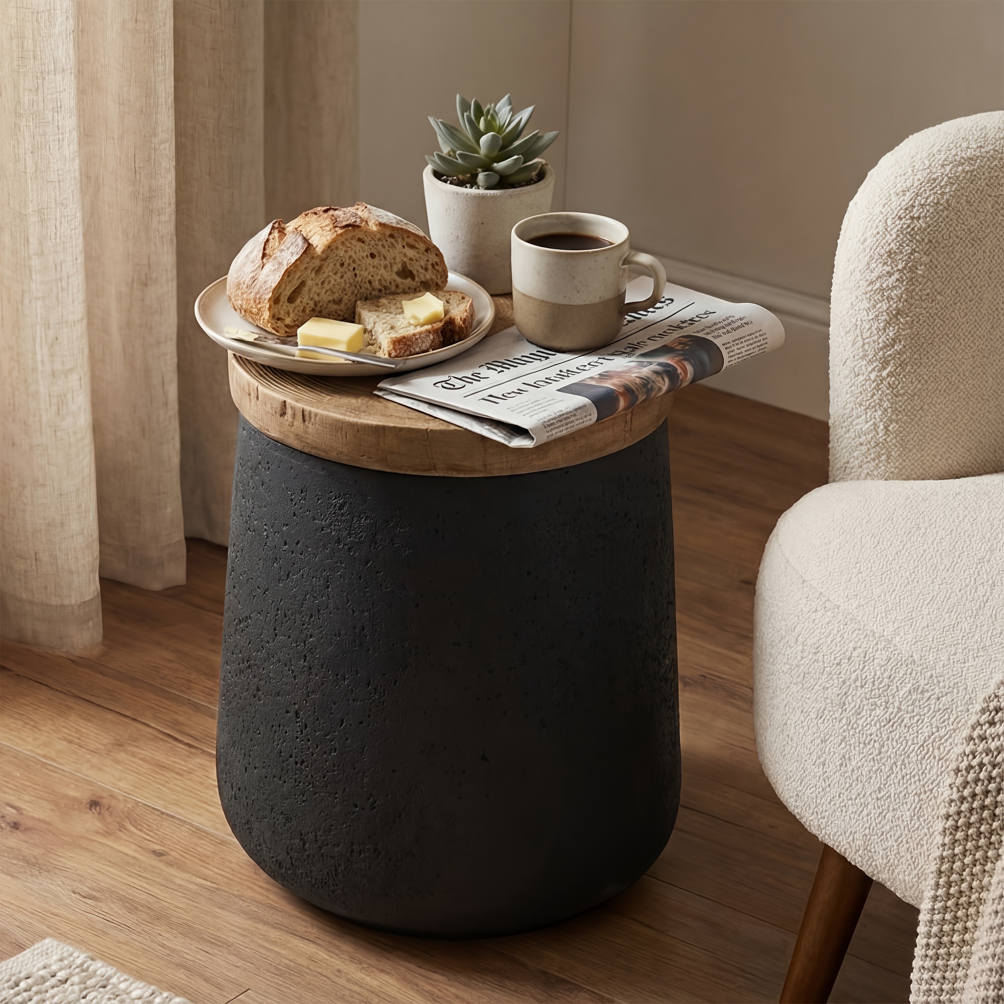 [Round Accent Table] Small Jar Cylinder Tree Ring Side Table, Black Magnesium Oxide End Table with Wood Grain Top - Round Accent Table for Living Room, Bedroom, Balcony