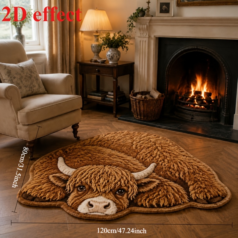 TEMU Washable Highland Cow Shaped Rug 2d Fluffy Non-slip Irregular Farm Animal Carpet For Bedroom Fireplace Living Room Entryway