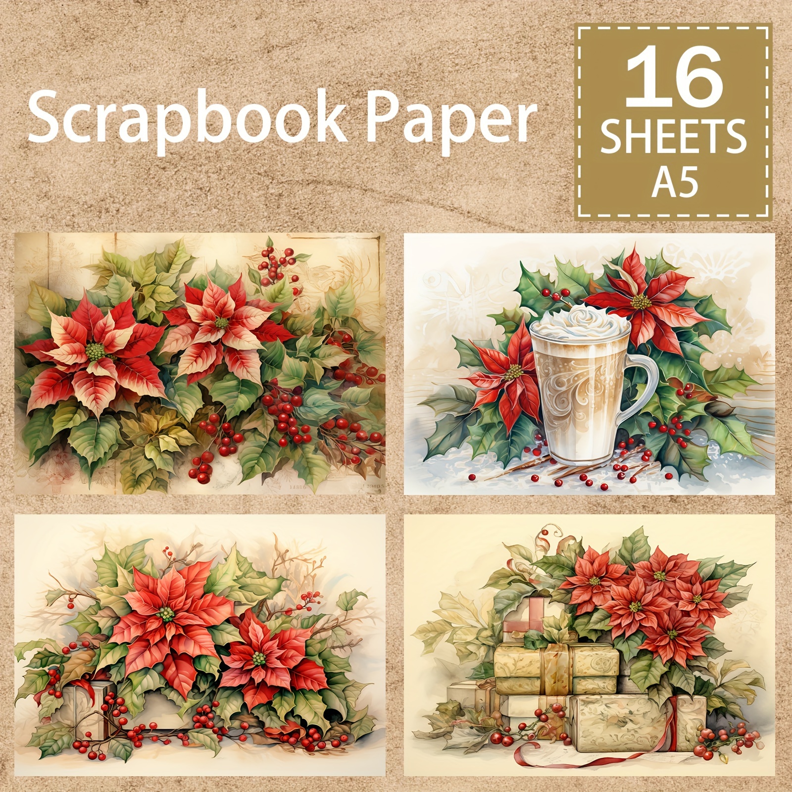 

16-piece A5 Christmas Scrapbooking Paper Set - Vibrant Red Floral & Coffee Afternoon Tea Themes For Diy Journals, Greeting Cards & Planners