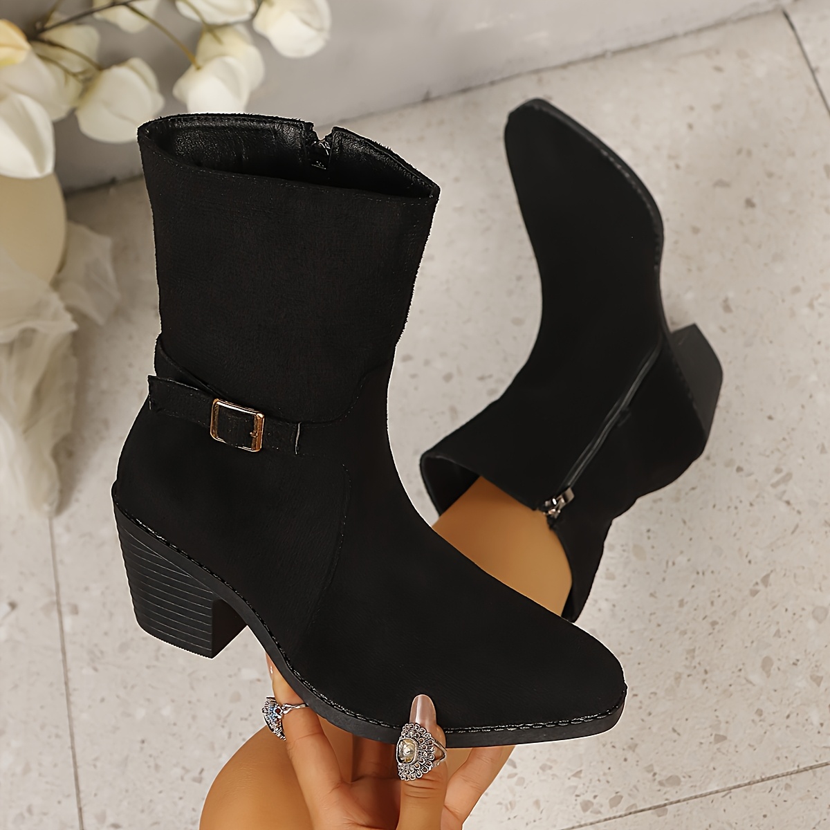 TEMU Matte Velvet Mid-calf Western Cowboy Boots, Side Zipper Wood Grain Chunky Heel Women's Ankle Boots, Women Shoes