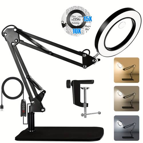 15x 10x magnifying glass led desk lamp 2 in 1 usb powered with clamp 3 color 10 brightness levels for reading repair crafts sewing nail flexible positioning adjustable lighting lamp desk