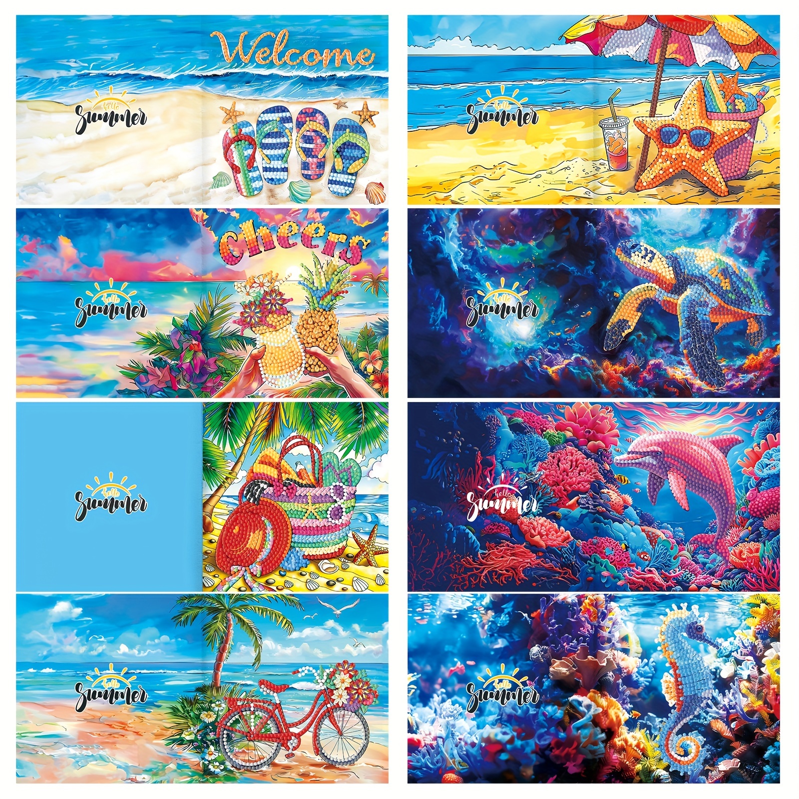 

8pcs, Diy Ocean And Beach Diamond Art Painting Greeting Card, Turtle And Dolphin Diamond Art Greeting Cards For Beginner Cards Gift For Family Friends, Small Business Supplies, Thank You Cards