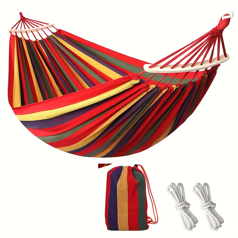 TEMU 1pc Double Canvas Hammock Lightweight Portable Hammock Colorful Yard Garden Outdoor Leisure Hammock Ultralight Soft Canvas Fabric Hammock