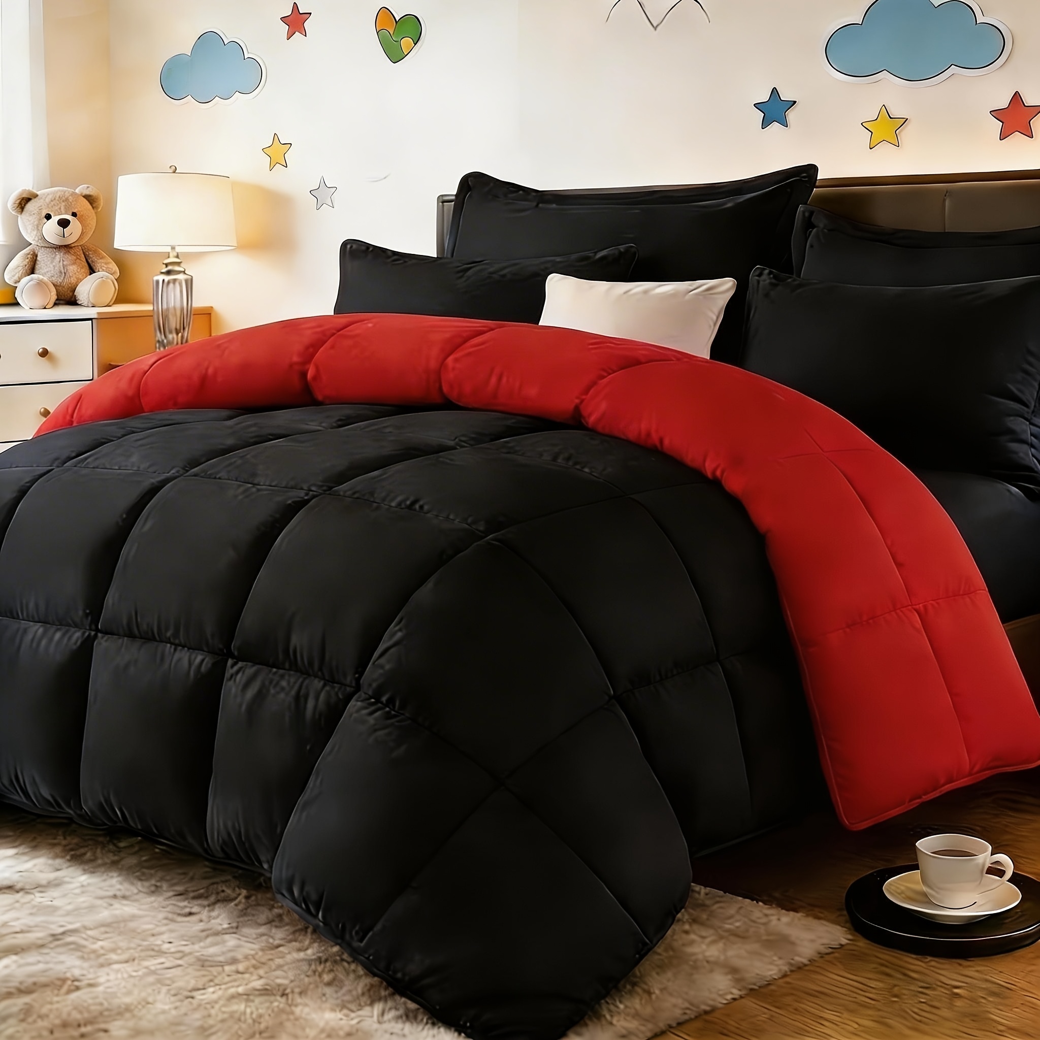 TEMU 2/3pcs Red And Black Bedding With Comforter, In Standard Double/king Double/super King Sizes. Includes 1 Comforter And 1/2 Pillowcases, Suitable For Kids' Rooms, School Dormitories, Apartments