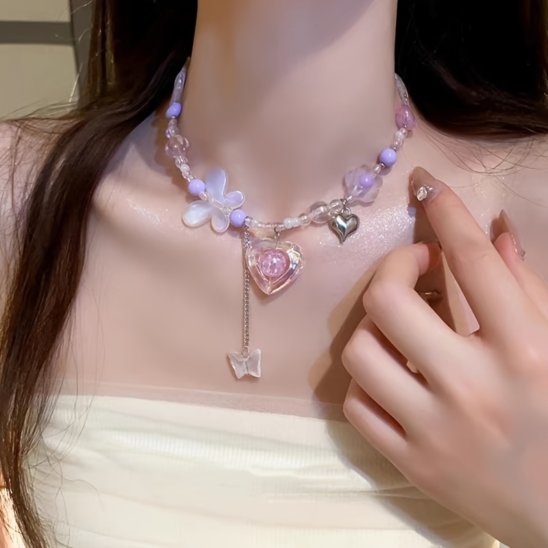 

Elegant Ballet-inspired Heart & Butterfly Charm Choker Necklace Resin Pendant - Stylish Japan & Korea Accessory For Daily And Party Occasions