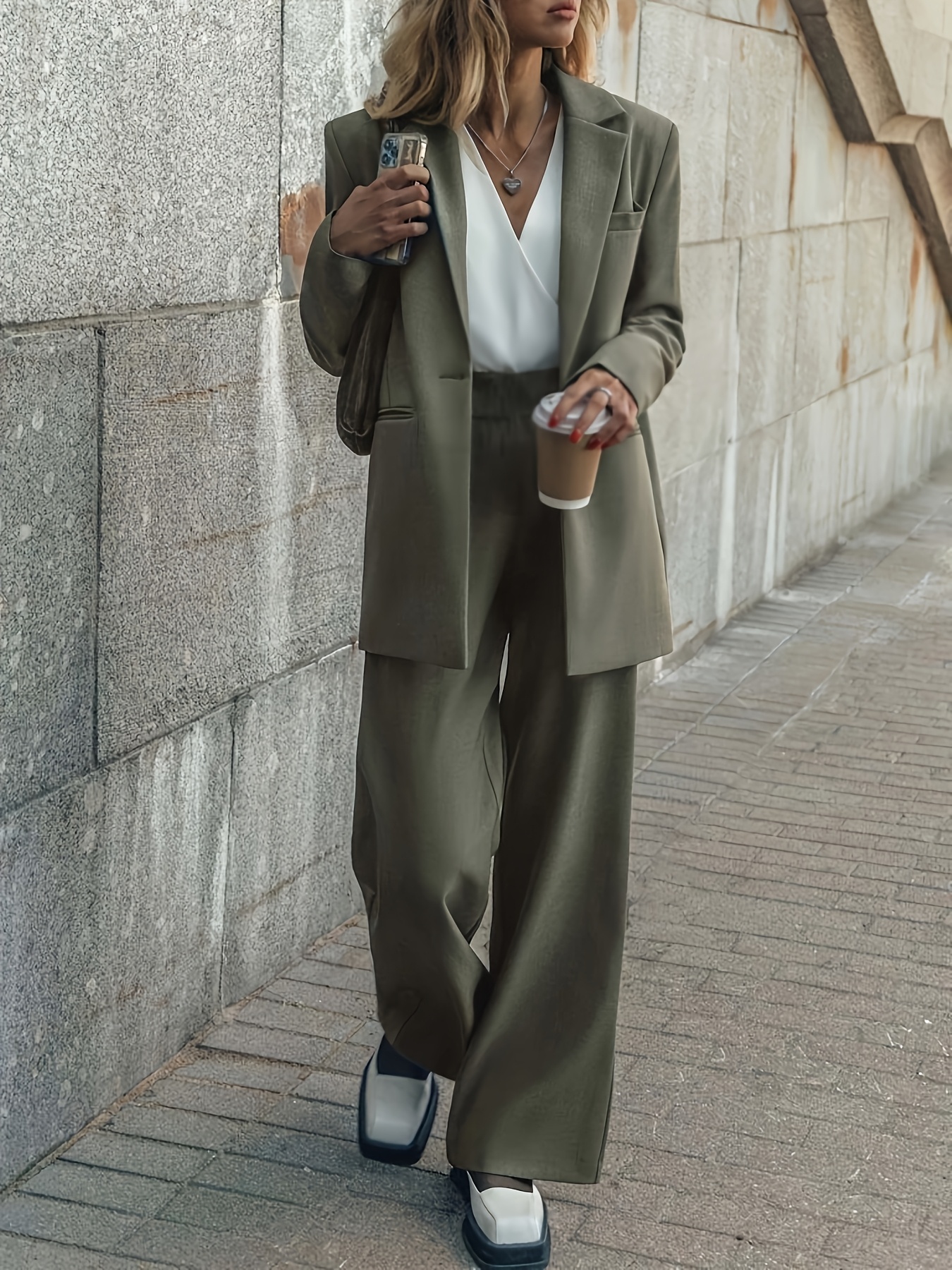 Artikelbild modisches elegantes damen-anzug-set mit   im  -stil mit lockerer passform weiten hosen mit elastischem bund,   für den täglichen arbeitsweg, die arbeit freizeitkleidung