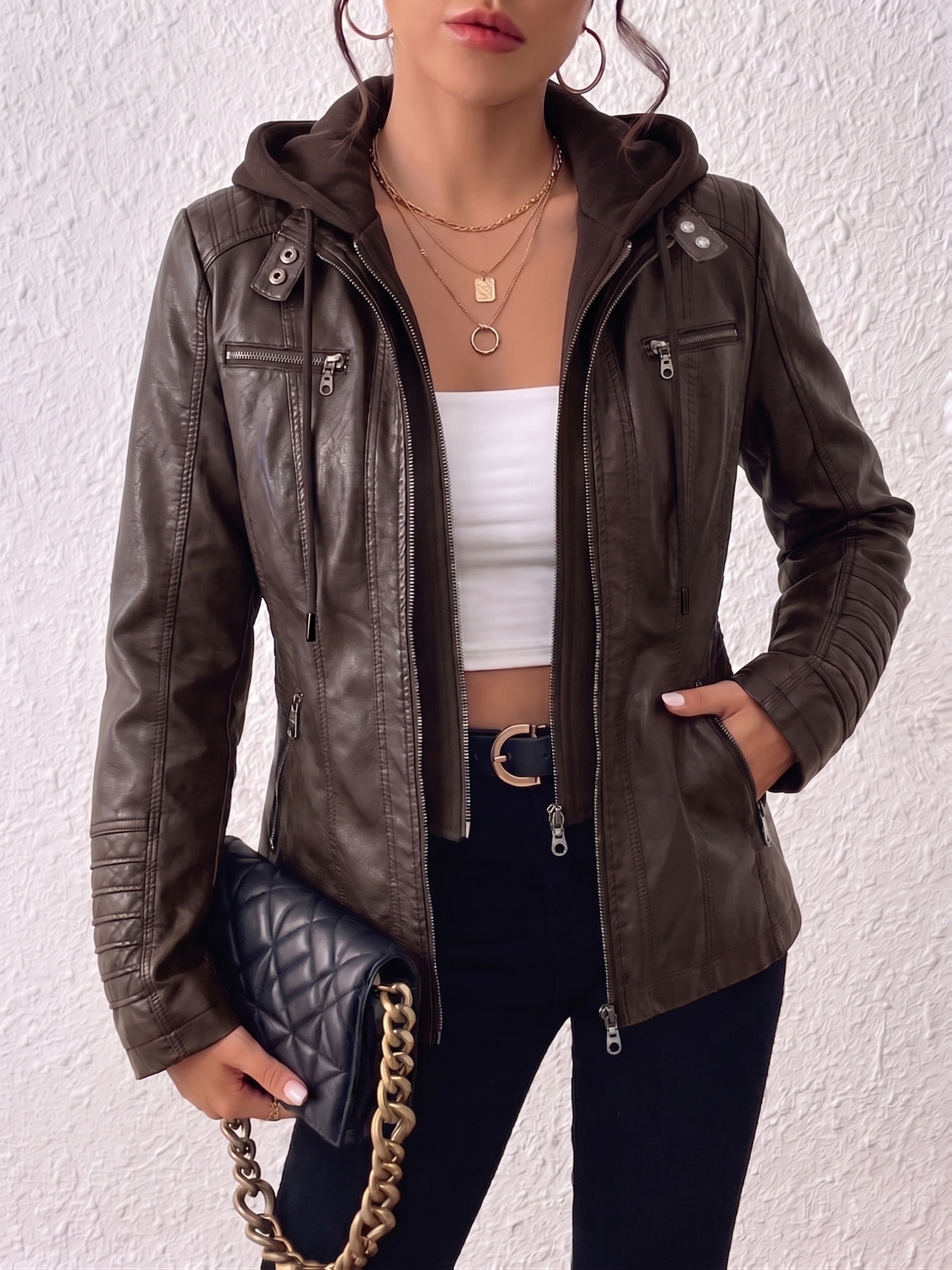 Artikelbild [größe für   passform] jacke mit abnehmbarem kapuzenstück aus kunstleder für damen, schlanke passform, bikerjacke, herbst-winter-stil, mehrfachtaschen-mantel