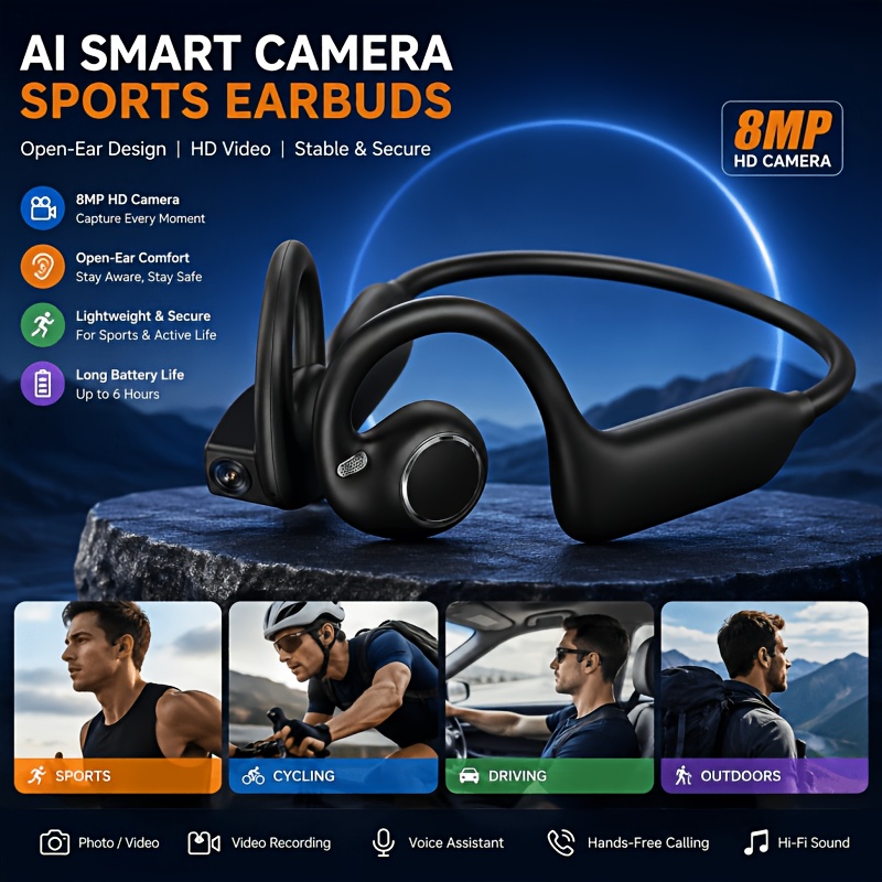 TEMU Open- Wireless Sports Earbuds, -recognition Earbuds, 8-megapixel Hd Video Recording With Image Stabilization, Translation-enabled Earbuds With