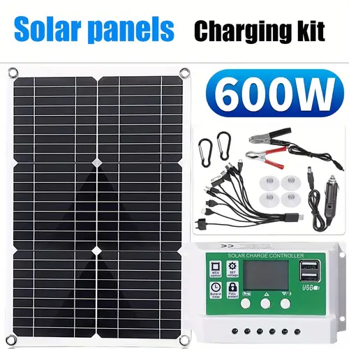 600w solar panel kit 12v with 100 charge controller and extension cable with battery clips for boat motorcycle home outdoor lights rv outdoor camera generators