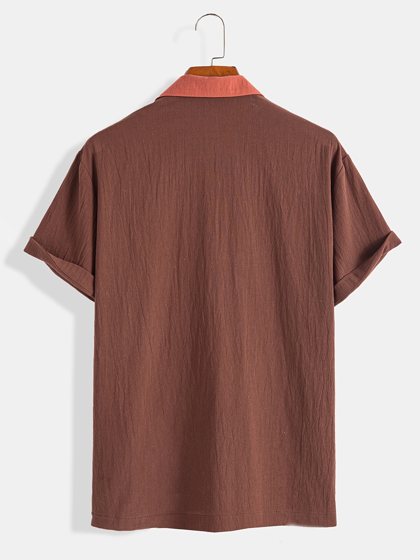 Men's Casual Button-Up Shirt - Brown & beige color-block design, Lightweight Non-Stretch Fabric for Summer Office, Semi-Formal Events - Easy Care Everyday Blouse, Warm Weather Outfit, Textured Pattern, Breathable Material, Short Sleeve Top, Office Professionals
