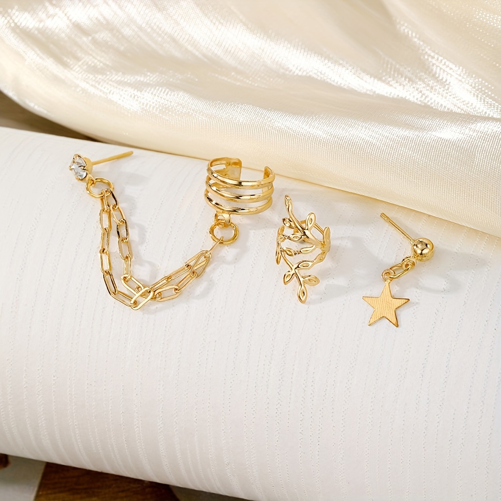 3pcs Star Chain Leaf Clip-On Earrings Set for Women