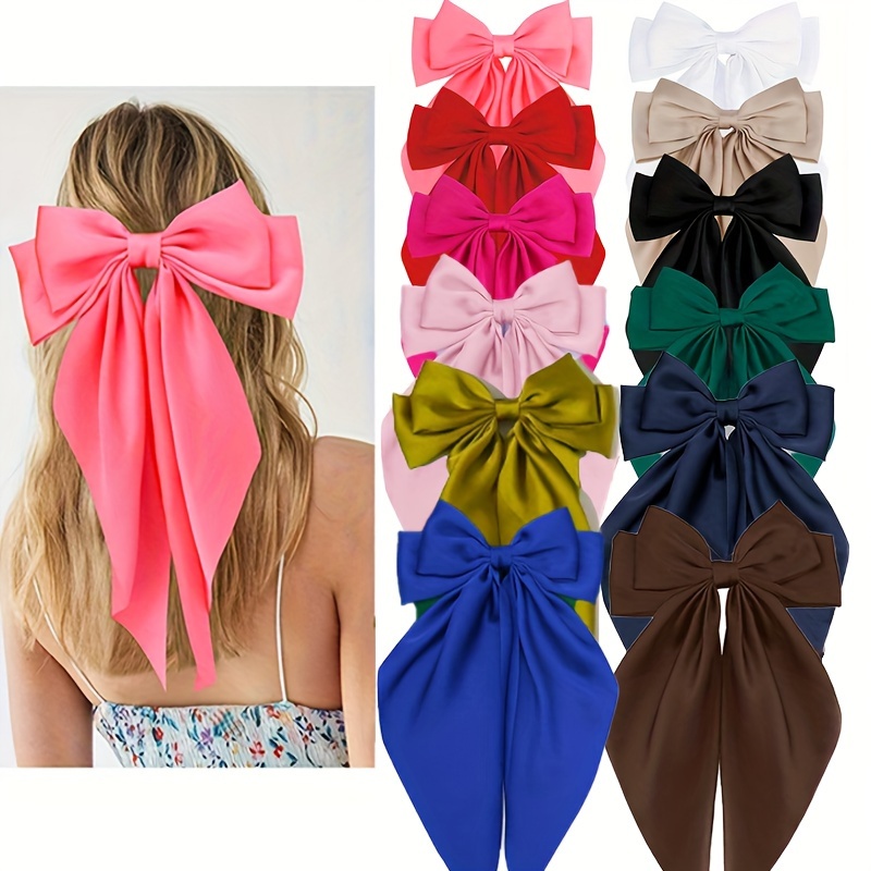 

12pcs Elegant Satin Long Ribbon Bow Shaped Hair Clip For Women's Fashion With Back Spoon Hair Clip For Women's Hair Accessories
