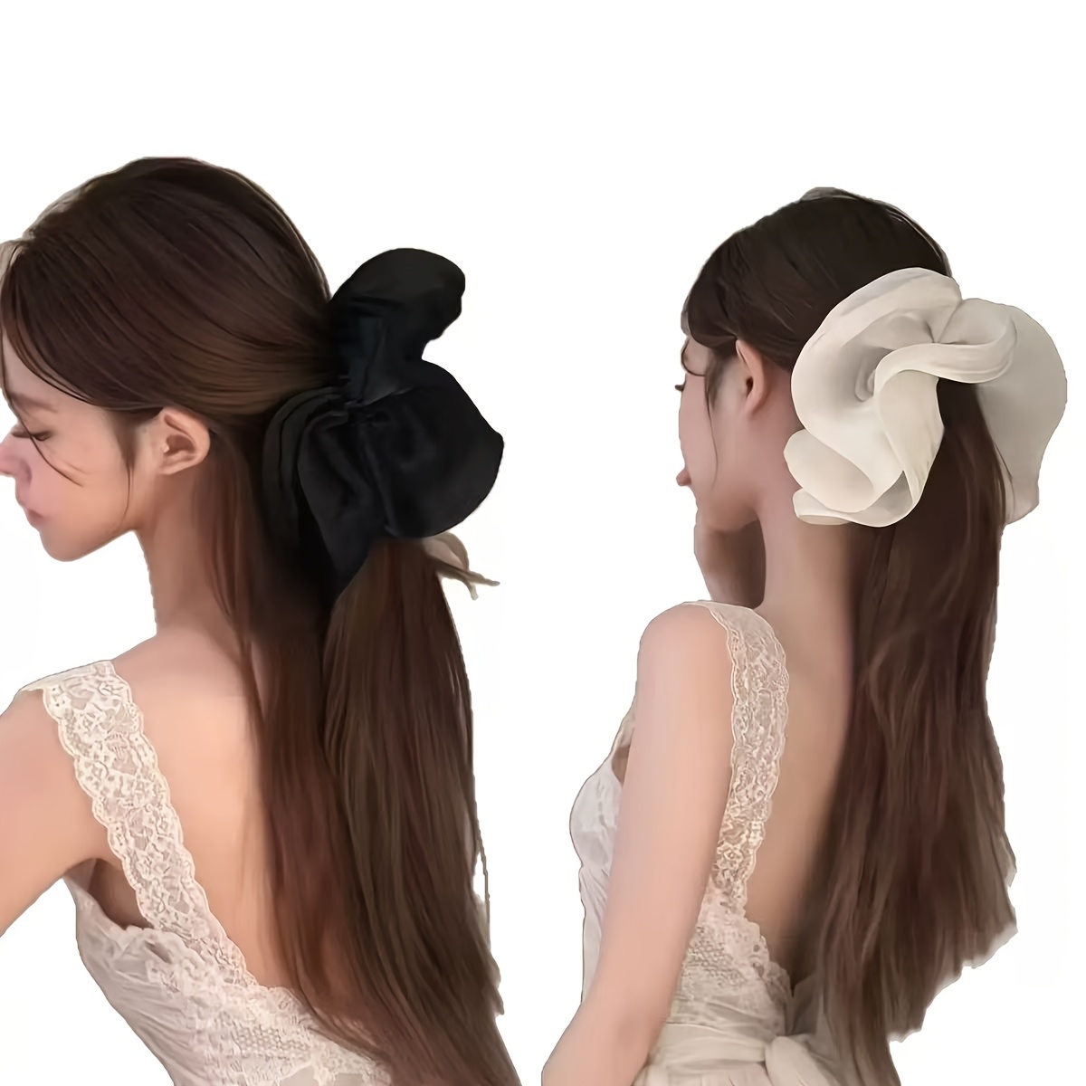 TEMU 2pcs Elegant Tulle Cloud Flowing Flower Bud Hair Clips, New Style Back Of Head Volume-boosting Banana Clips, Super Large Front Delicate Face,