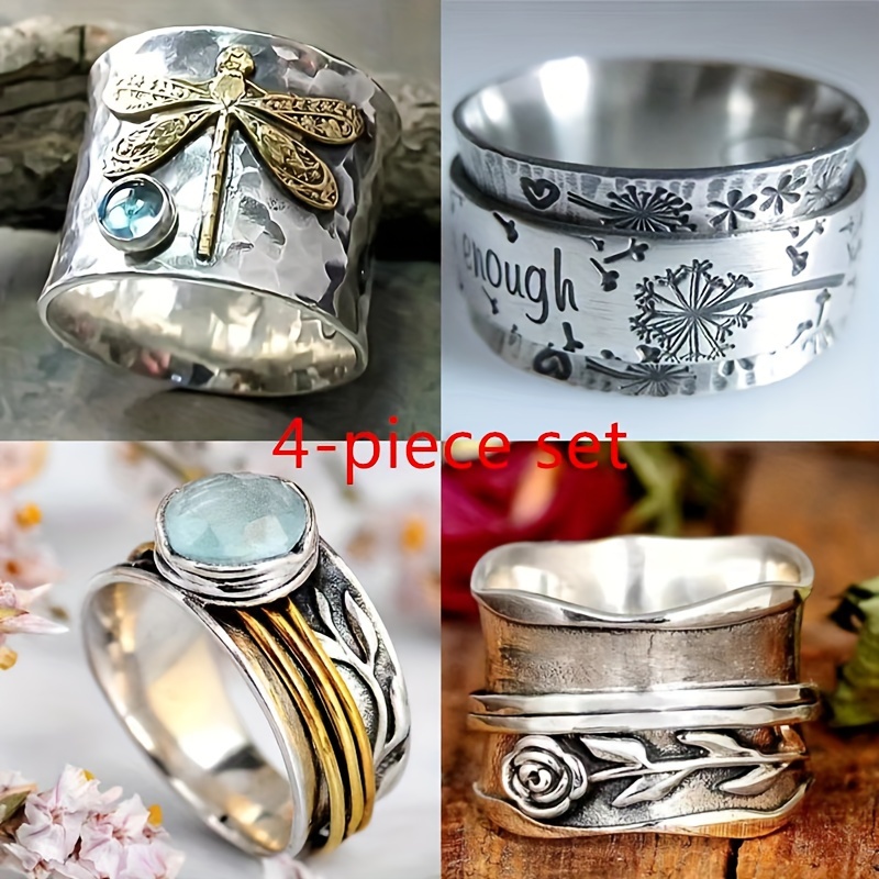 

4pc/set Of Classic And Exquisite Retro Patterned Rings, Luxurious And Fashionable Successful Gentleman Rings