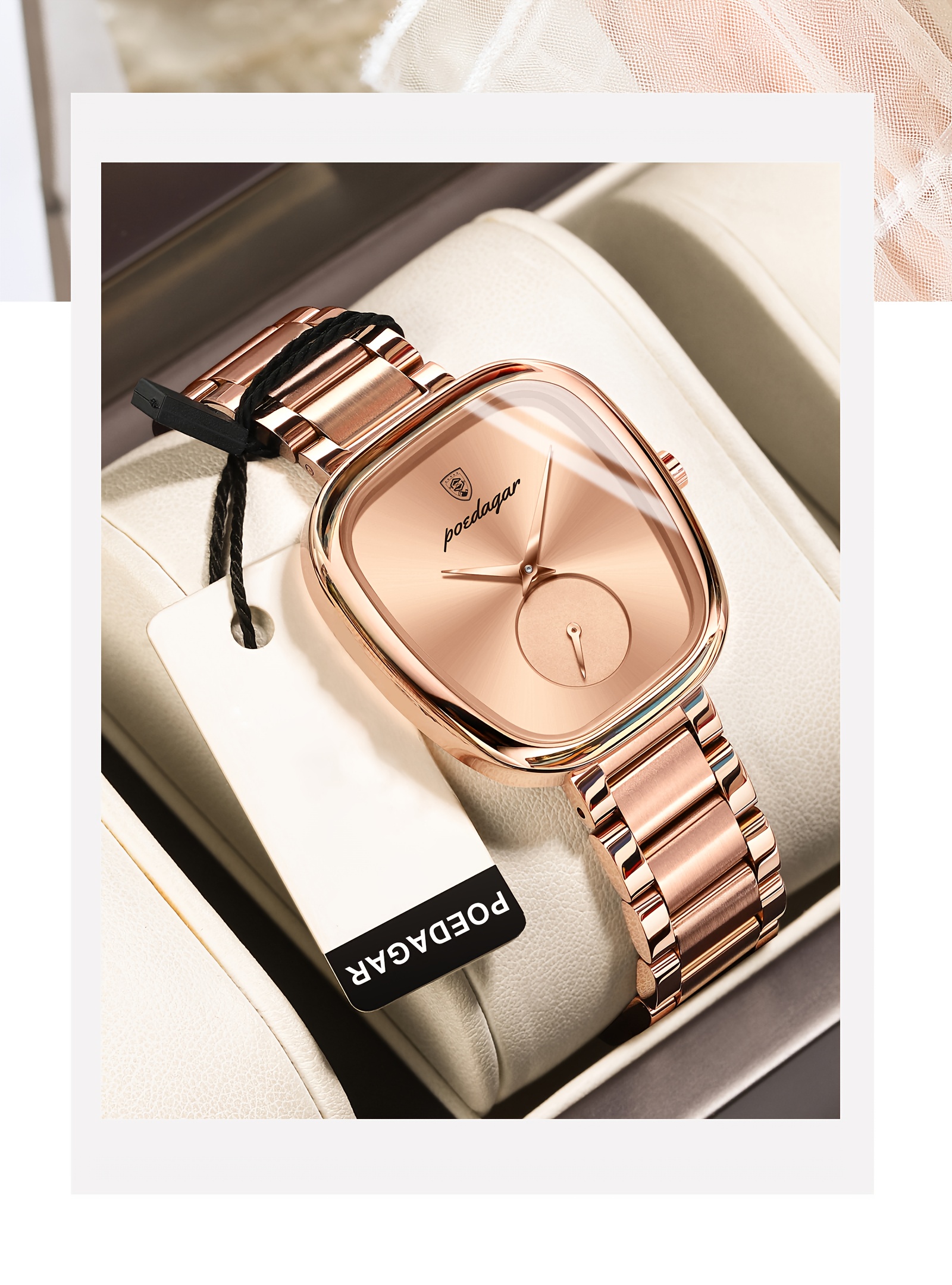 POEDAGAR Elegant Korean Style Ladies Wrist Watch, Square Alloy Case, Stainless Steel Band, Digital Display, 3ATM, Quartz Movement, Non-rechargeable Button Battery