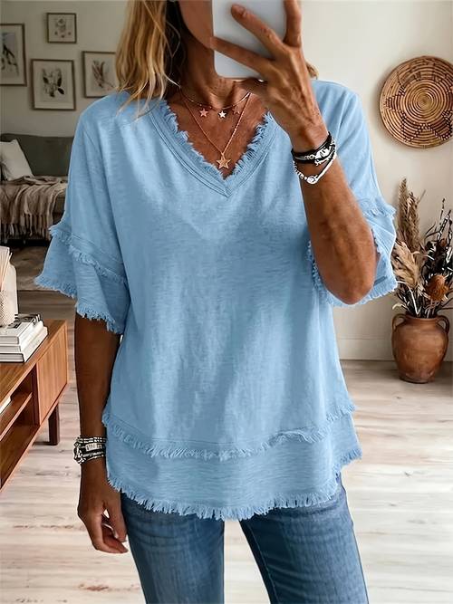 loose v neck short sleeve t shirt with frayed edges for women solid color casual top in european and