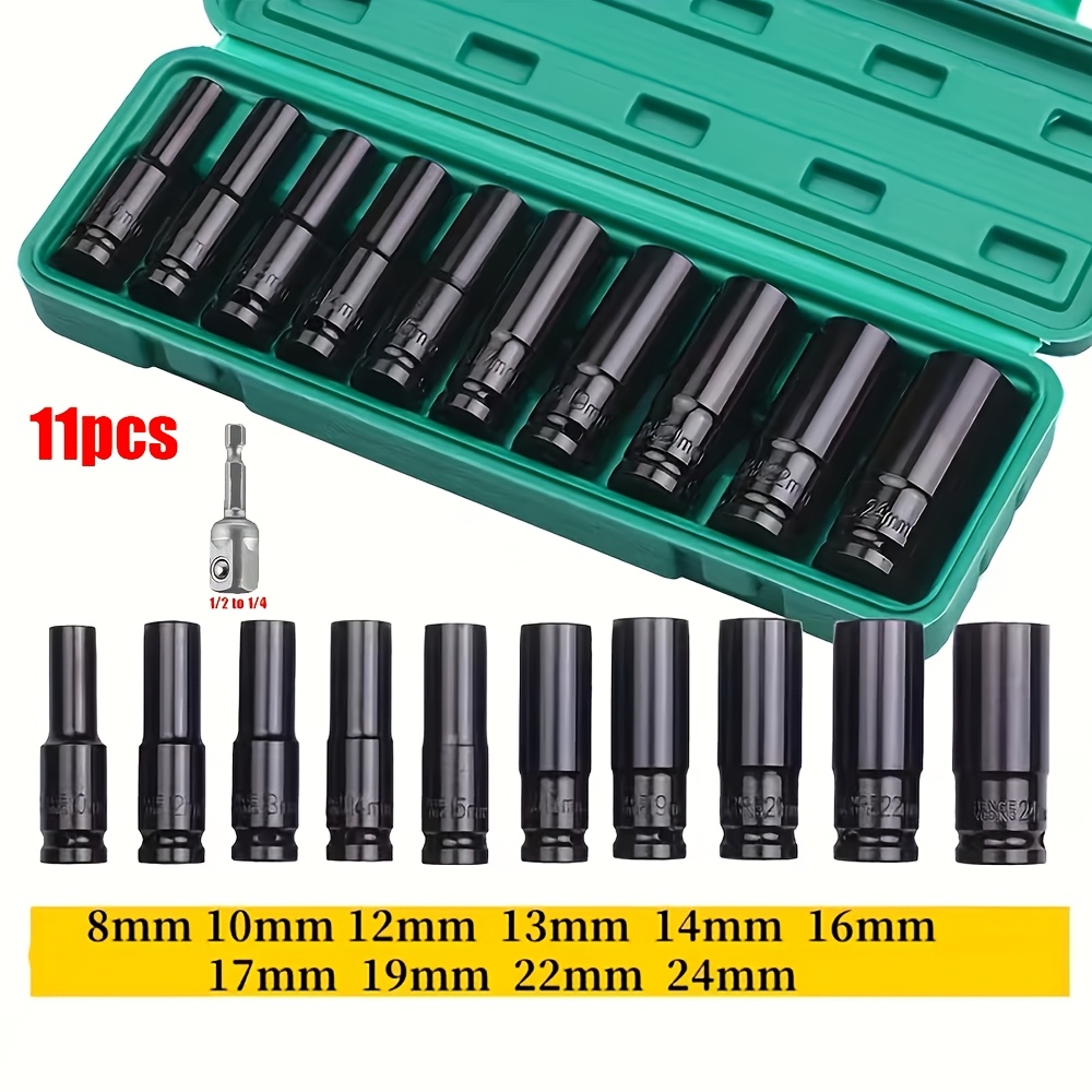 TEMU 22pcs 20pcs 11pcs 10pcs 1/2" Deep Impact Socket Drive Set, Long Reach Thin Wall, 10-32mm Metric Sizes, Washable, With Durable Green Storage Case