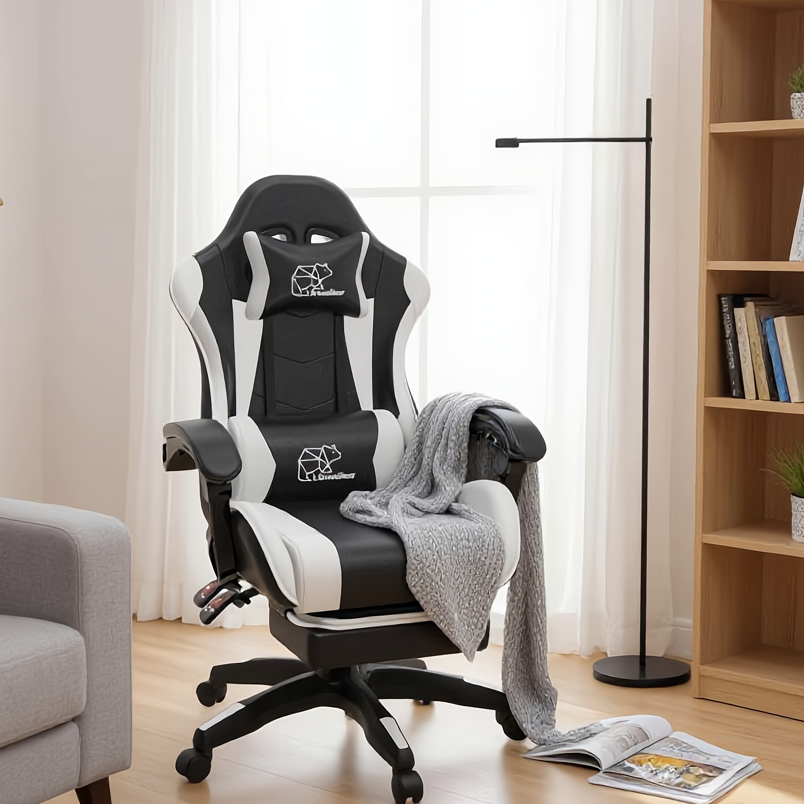 1pc Heavy-Duty Manual Recline E-Sports Chair Suitable for Adults & - Adjustable Footrest/Lumbar Support Gaming Desk Chair with Fixed Armrests, High-Padding Ergonomic Seat for Home Office Computer Chair, Modern for Home and Office Use
