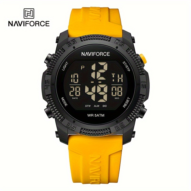 Reloj deportivo digital para hombre NAVIFORCE - Negro con detalles verdes, resistente al agua, pantalla de fecha, función de cronómetro, correa de goma, ideal para viajes y fitness, reloj deportivo | Cara de reloj digital | Correa ajustable - Negro Amarillo