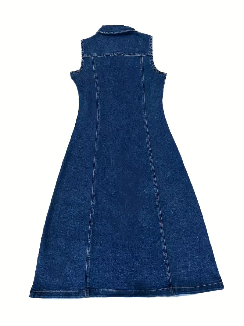 stretchy sleeveless denim midi dress with classic collar button     machine washable blend   spring summer fall denim dress Product details 2