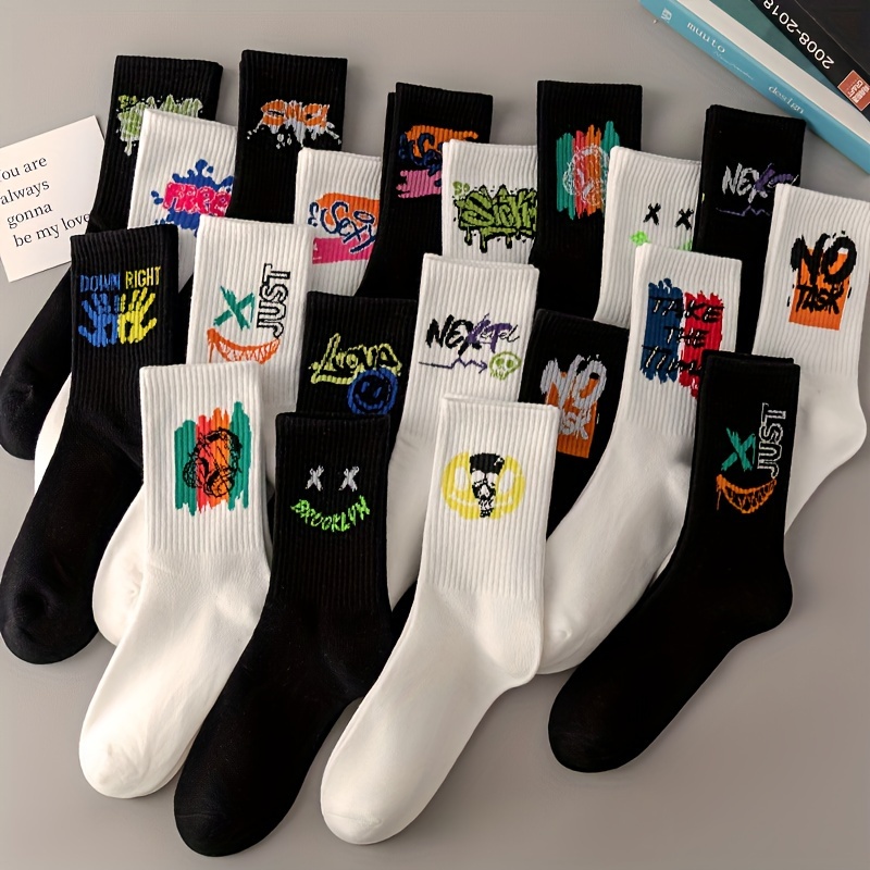 TEMU 10 Pairs Graffiti Print Socks, Street Style Soft Unisex Mid Tube Socks For Fall & Winter, Women's Stockings & Hosiery