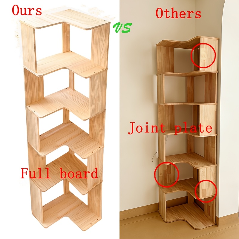 Full Solid Wood Corner Bookshelf, No Paint No Formaldehyde, Space-Saving Storage Shelf, 3/4/5 Tier Rustic Corner Bookcase, Stable Standing Bookcase for Bedroom Living Room Home Decor, Easy Assembly