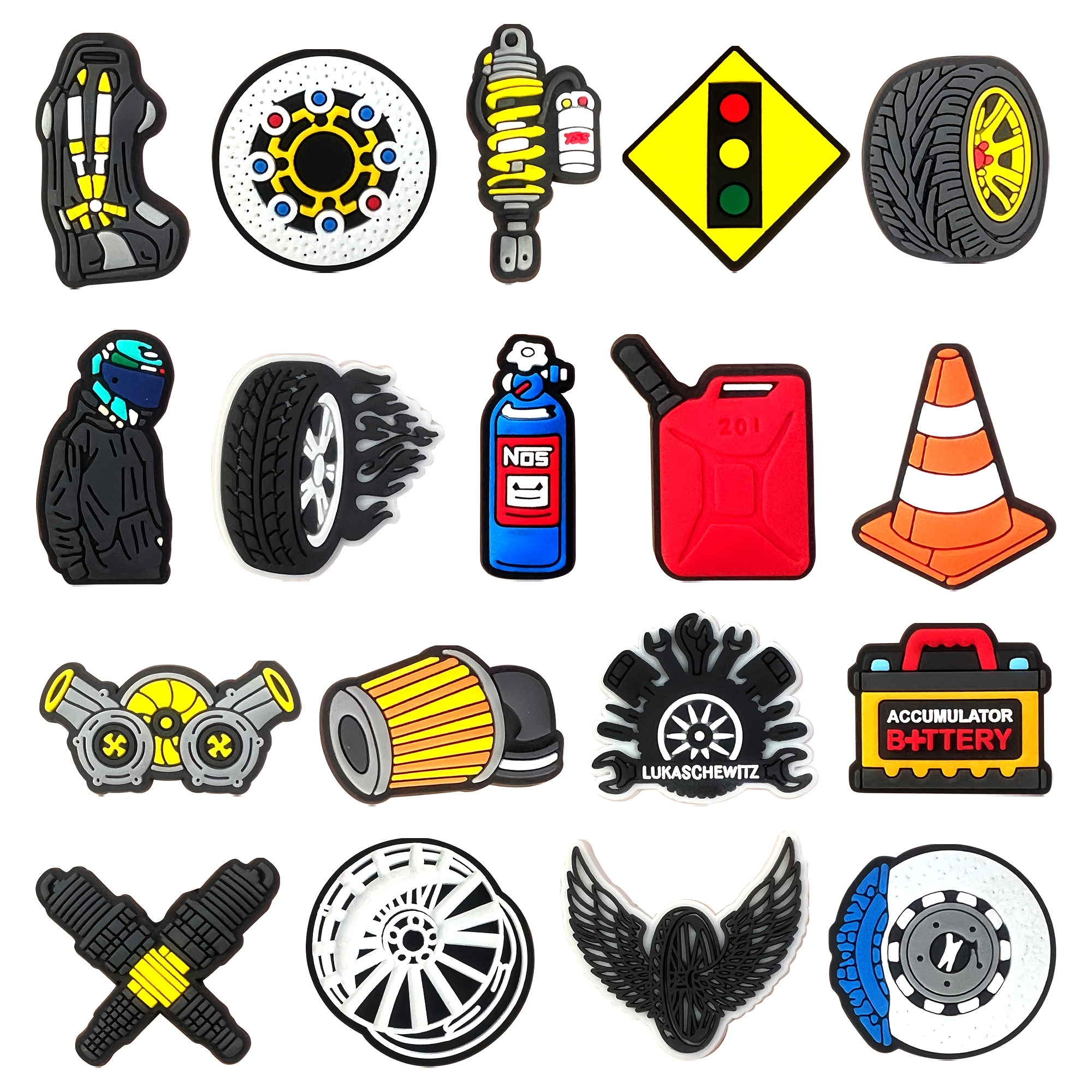 

18pcs Racing-themed Shoe Charms Set - , Tire & Battery Designs For Sandals And Garden Slippers - Pvc Decorations, Gift For Adults