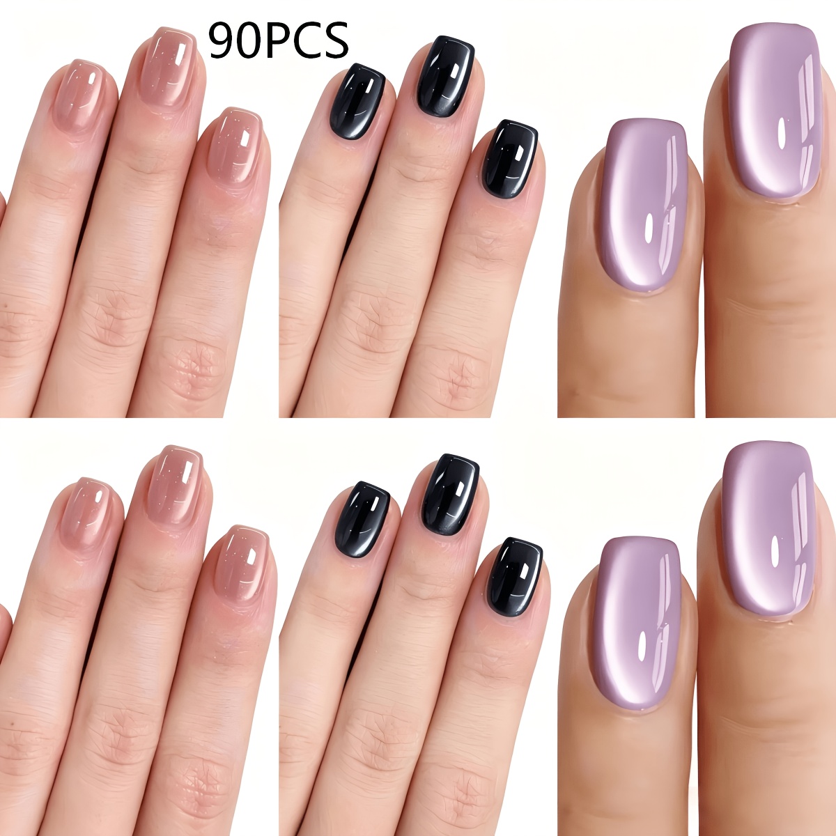 TEMU 90pcs Three-color Solid Short Square Press-on Nail Set, Pre-made Nails In Nude Pink, Cat Eye, , And Taro Purple, Glossy Short Square-round Tips,