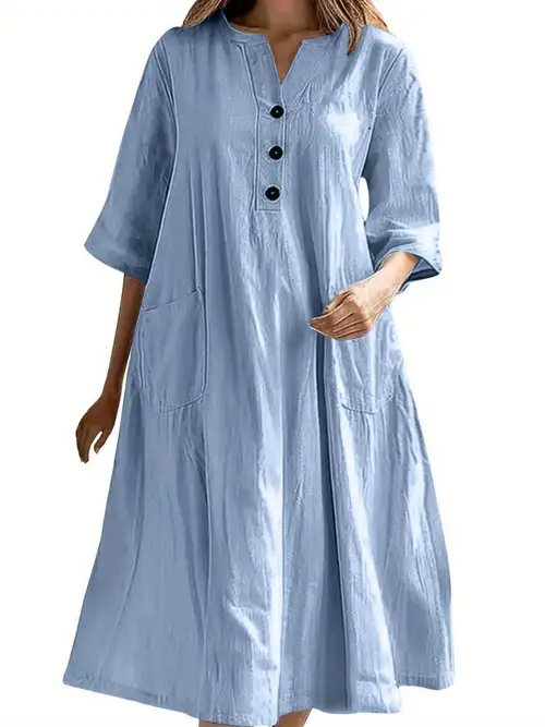 women midi dress solid color buttons elbow sleeve v-neck dress summer pockets fashion casual dress | High-quality & Affordable | Temu women midi dress solid color buttons elbow sleeve v-neck dress summer pockets fashion casual dress | High-quality & Affordable | Temu