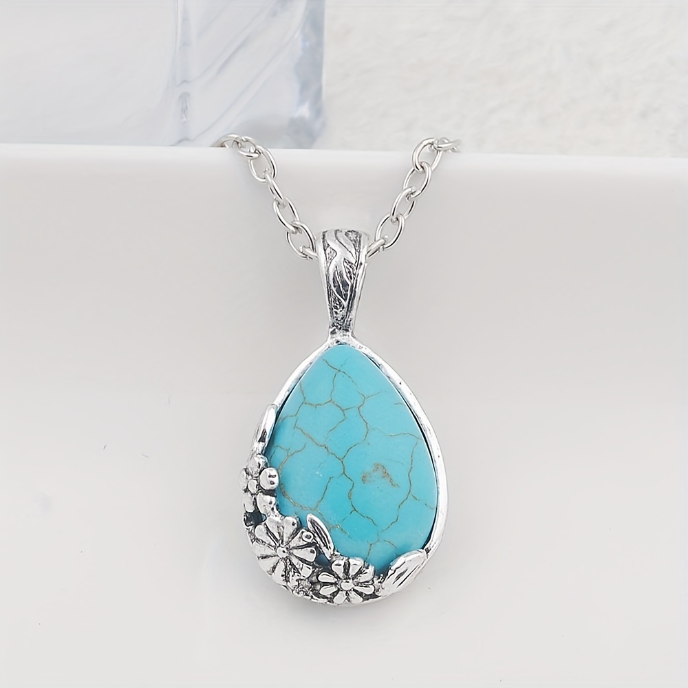 

Vintage Natural Stone Pendant Necklace Silver Plated Water Drop Statement Style Pendant Necklace Turquoise Pendant Necklace Jewelry For Women