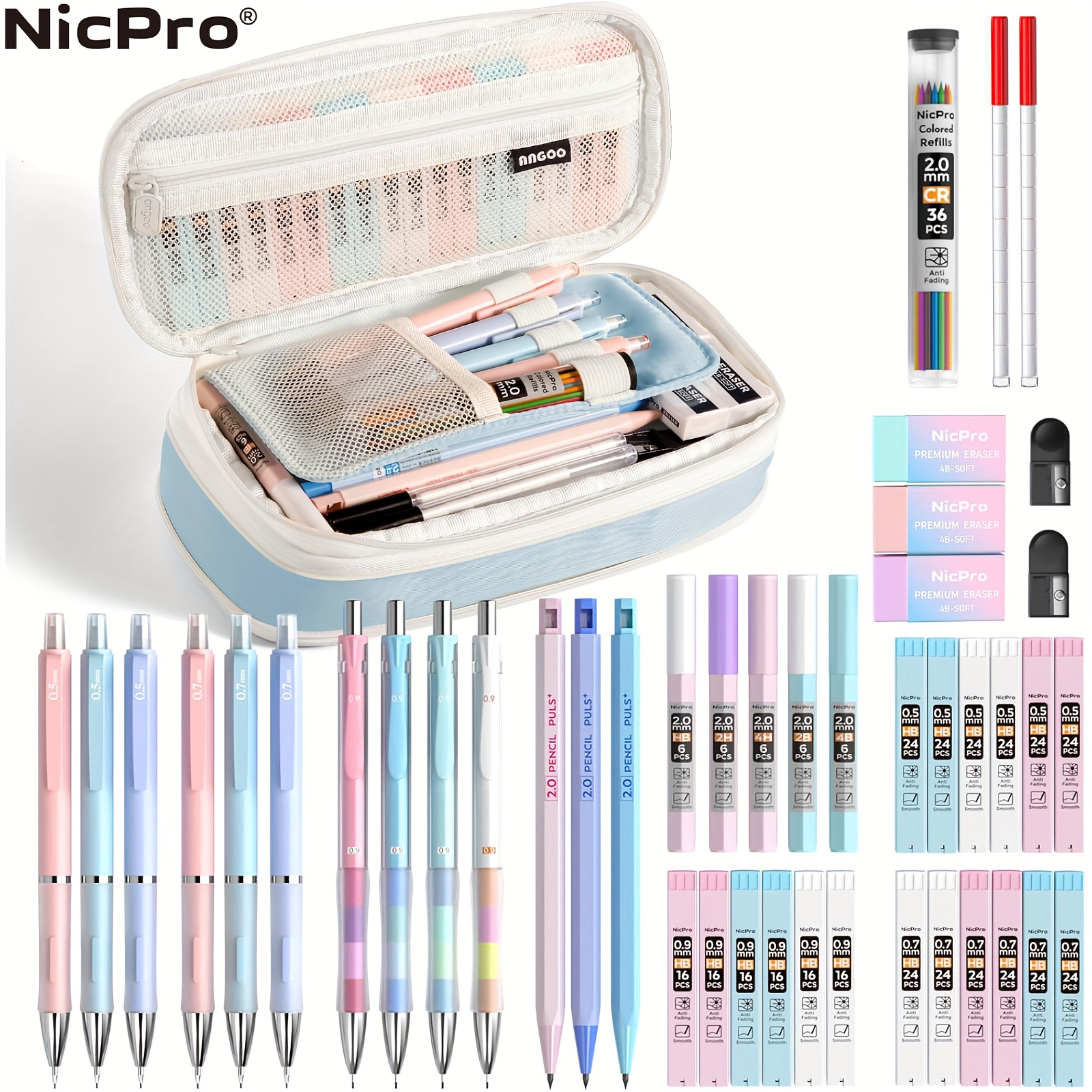 

Nicpro 45pcs Aesthetic School Supplies With Big Capacity Pen Case, Pastel Mechanical Pencils 0.5, 0.7, 0.9, 2mm With 24 Tube Lead Refills (4b 2b Hb 2h 4h Colors) Erasers