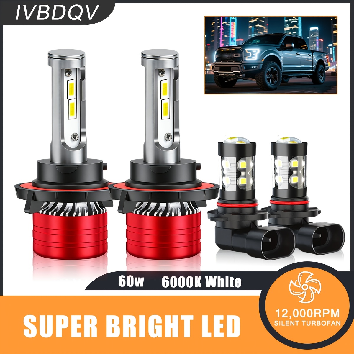 TEMU 4pcs For Ford F150 (2004-2014) Led Headlight Bulbs H13/ 9008 High Low Dual Beam + 9145 Led Fog Light Bulbs, 4pcs Led Bulbs