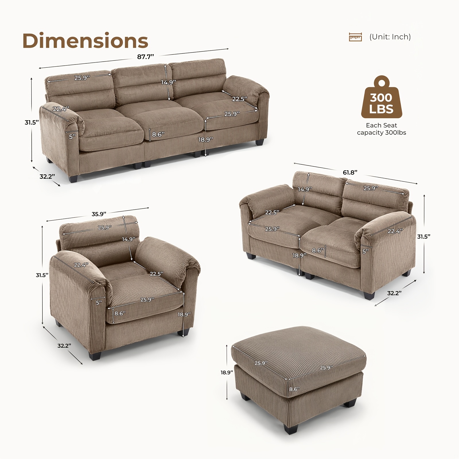 3pcs corduroy modular sectional sofa set small space friendly   room couches for family