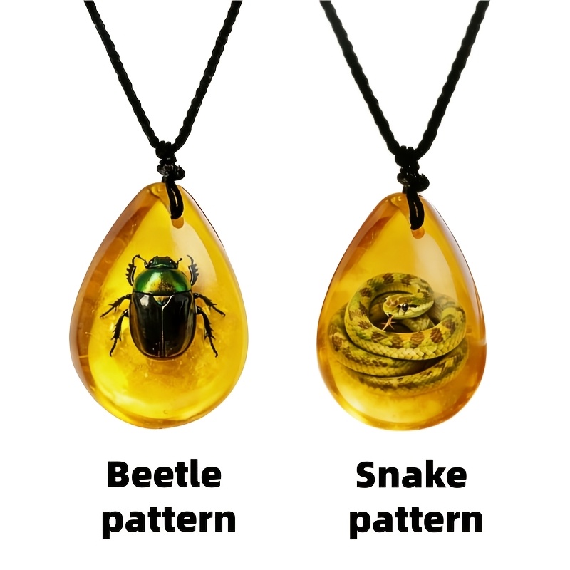 2pcs Unisex Imitation Amber Snake & Beetle Pattern Necklace Set