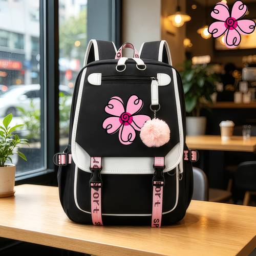 item picture 1pc pink petal outline spiral flower center pattern lightweight backpack versatile large capacity multifunctional student bag suitable for university daily 2d flat