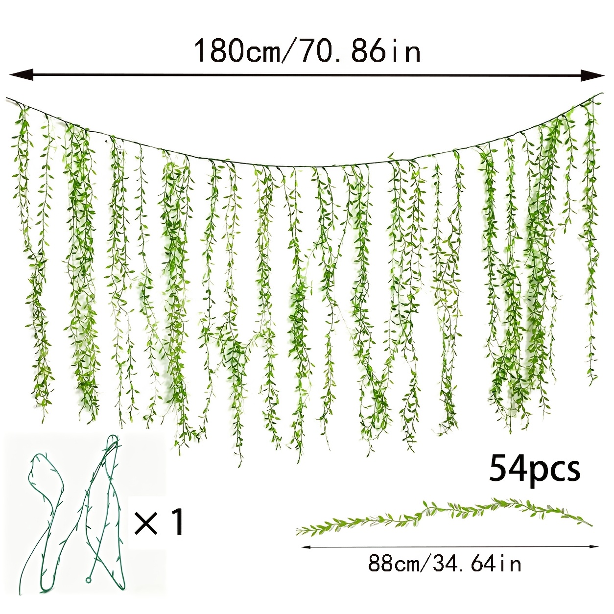 TEMU 55pcs Large Size Realistic Willow Vine Curtain Set, Including 1pc 180cm/78.7in Main Vine And 54pcs 88cm/34.64in Willow Branches, Realistically
