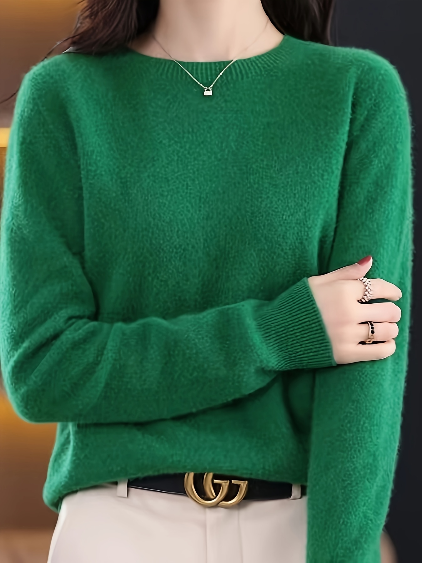 fashionable and simple solid color round neck pullover sweater for women elegant and versatile loose fit thin base layer for spring and autumn