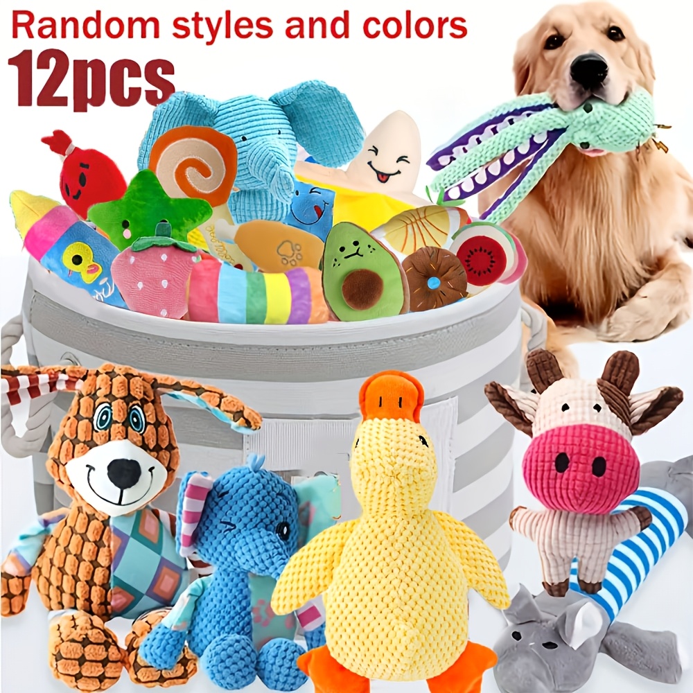 Image of 12pcs Dog Plush Toy Set, Assorted Random Styles, Types, Squeaky, No Storage Basket Included, Suitable For Small Dogs, Random Style