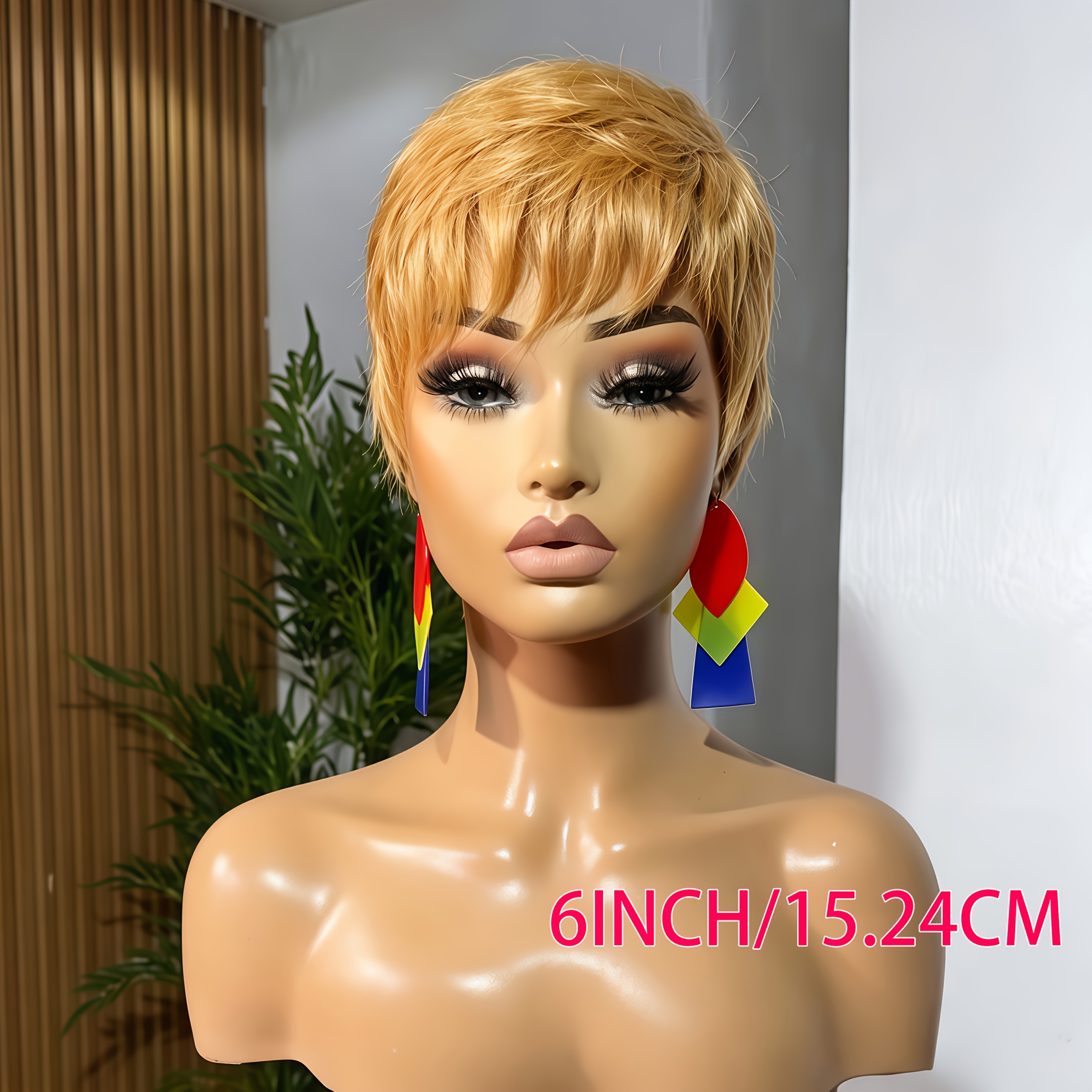 TEMU Perruque courte blonde 27# pour femmes, cheveux naturels, coupe bohème à couches courtes, perruque tissée intégrale avec frange et colle