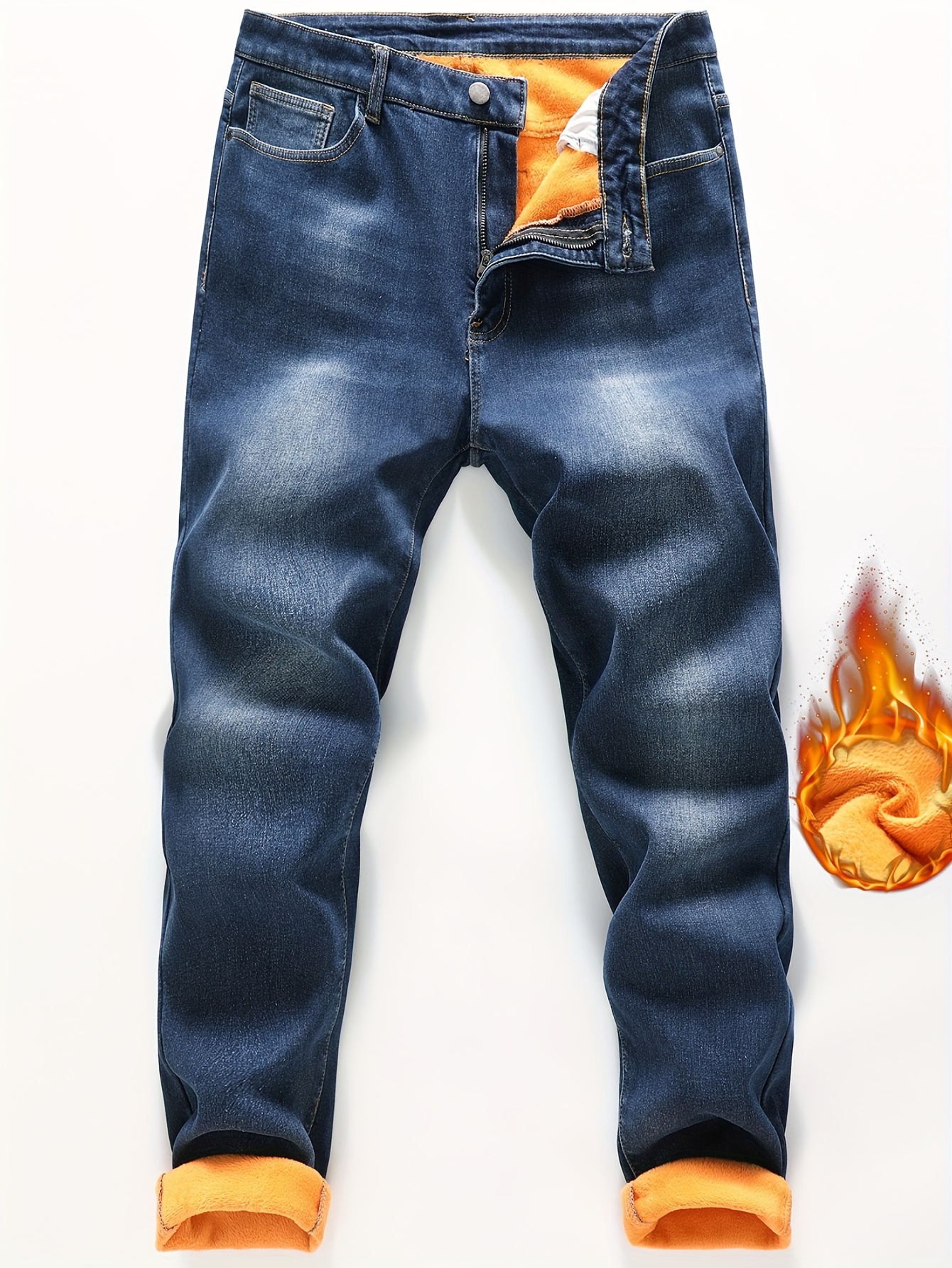 Men's Casual Fleece Lined Jeans Street Style Medium Stretch - Temu Australia