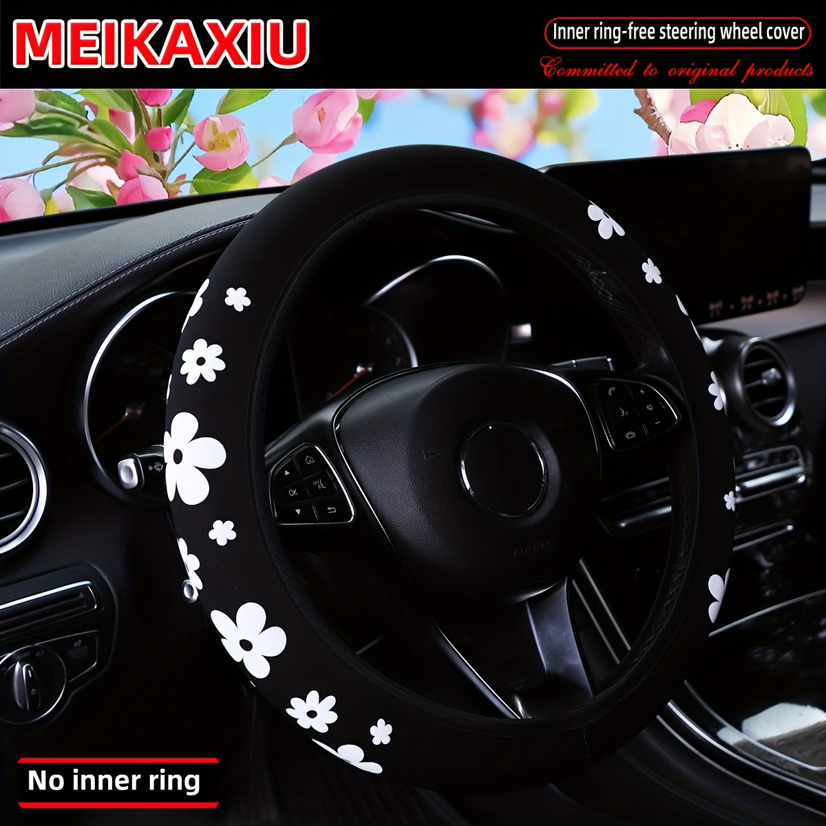 TEMU Bequeme, elastische Auto Lenkradabdeckung für Damen, aus Neopren mit 3D Schaumstoff Blumenmuster, ohne Innenringstruktur, Universelle Passform