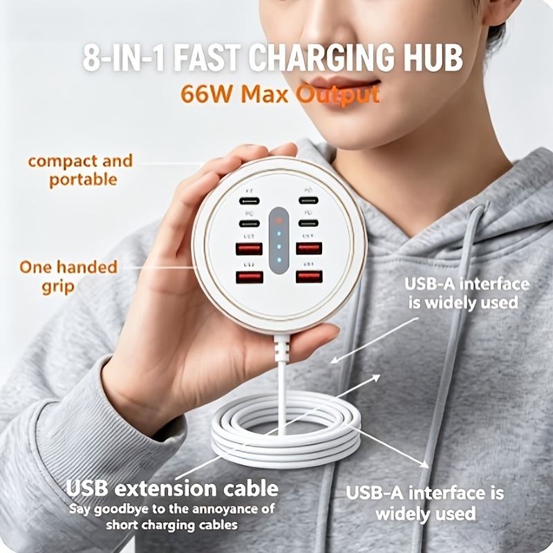 TEMU 8-port 66w Multiport Fast Charging , 4 Usb-c Pd And 4 Usb-a Power Charger Station For Multiple Phones Laptops Tablets