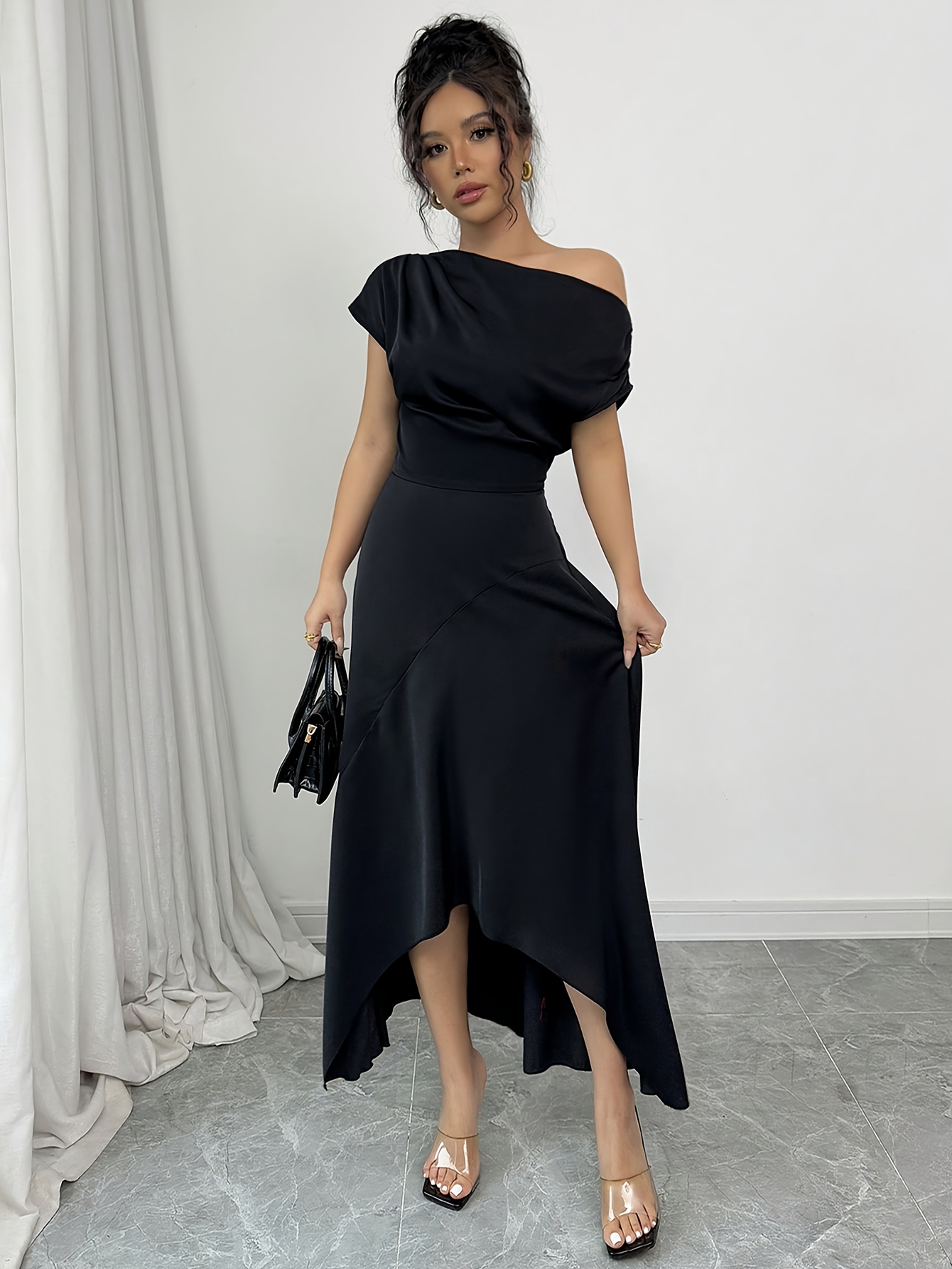 elegant one shoulder black wrap dress asymmetrical hem Temu Ireland