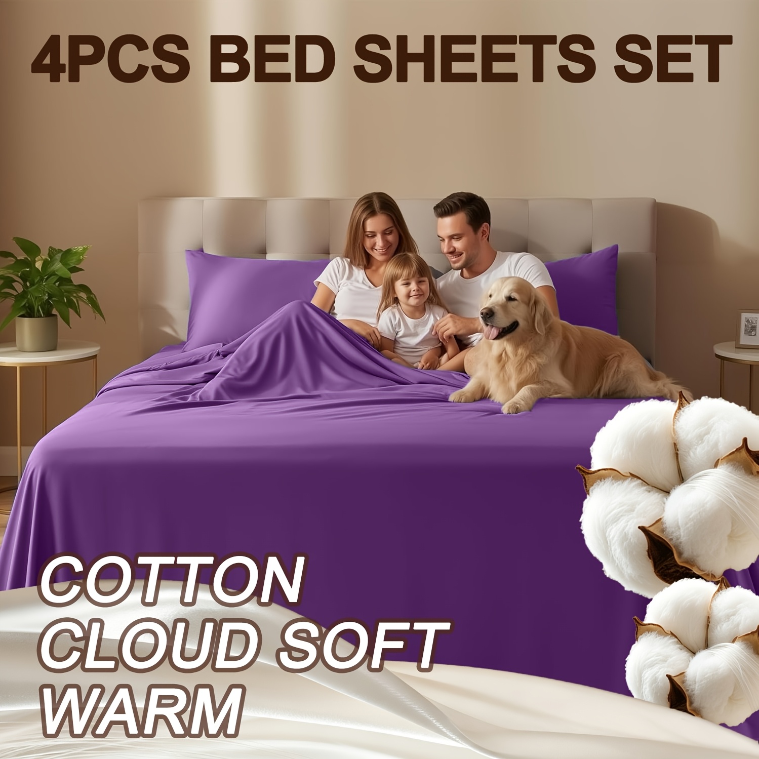 TEMU 4pcs Soft Cotton Bed Sheets Suitable For Rooms, & Bedding, Sateen Weave Wrinkle & Fade Resistant Bed Sheet Set With Deep , Machine Washable