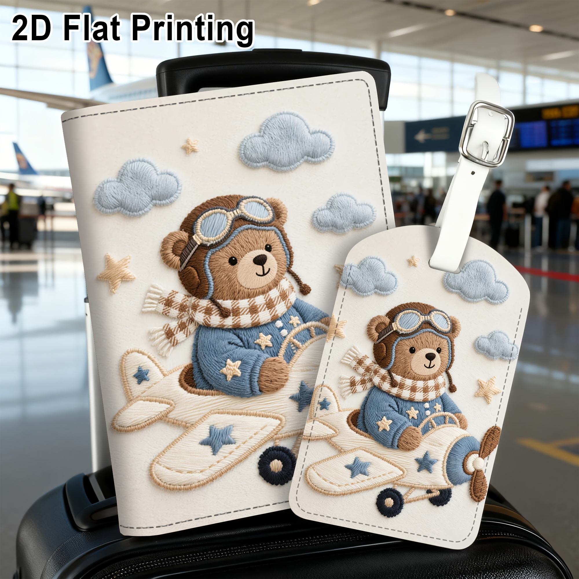 TEMU Ensemble de 2 pièces (Impression plate 2D) en peluche Planche d'aviation Motif brodé Porte-passeport Étiquette de bagage, Matériau PU léger,