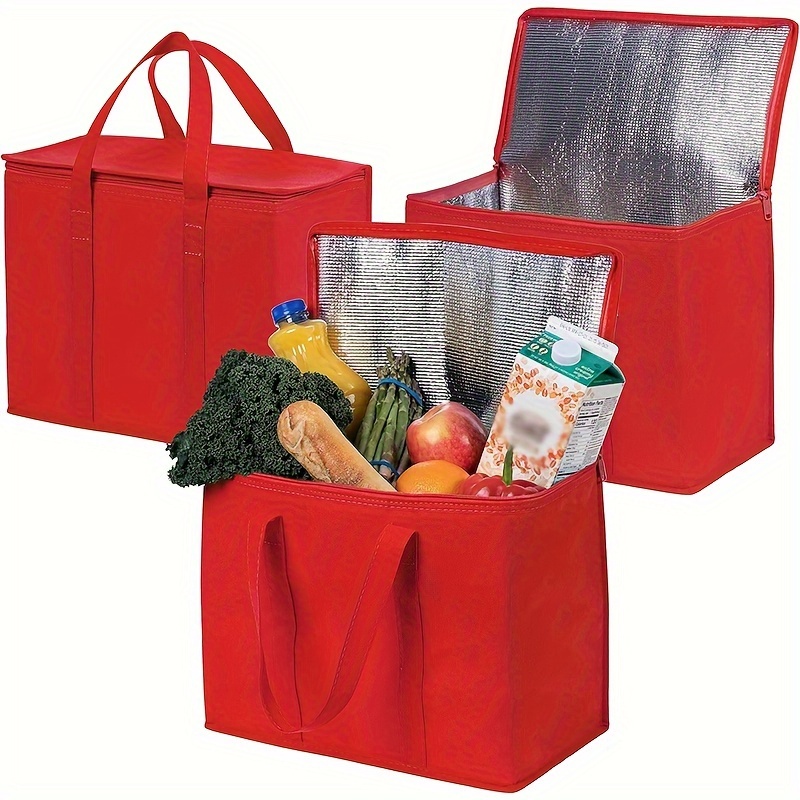 TEMU 3-pack Insulated Grocery Bags, Non-woven Shopping With Zipper, Collapsible, For