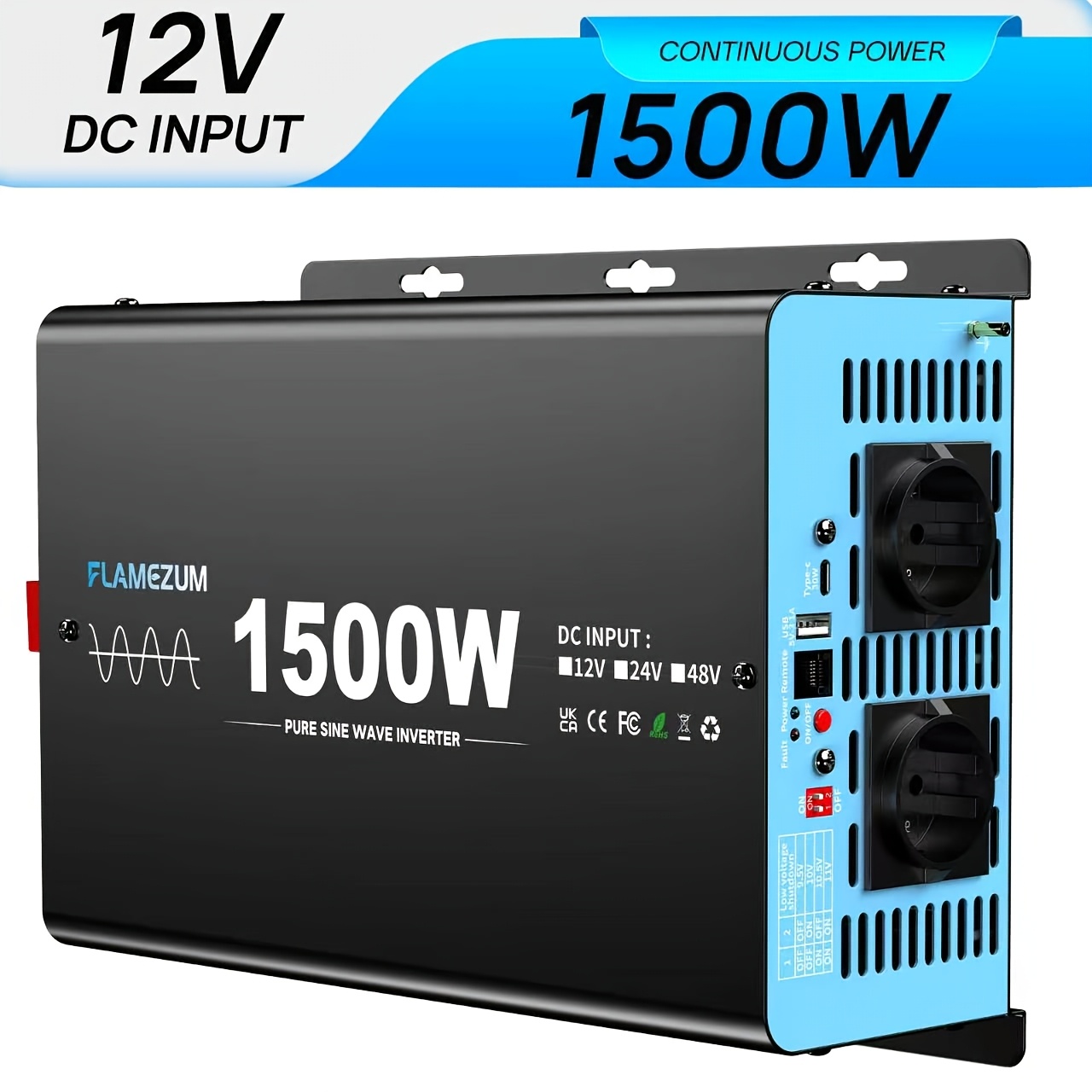 1500w Inverter 12v To 230v Voltage Converter Pure Sine Wave With 2 Ac Outlets, Usb Port, Usb-c Port, Lcd Remote Control - For Truck, , Power Outage, Travel