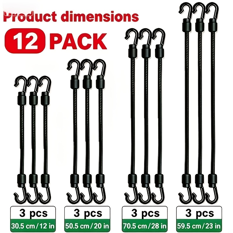 TEMU 12pcs, Each Pack Contains 3pcs Of 30.5cm 50.5cm 70.5cm 95.5cm. Heavy- Duty High- Tensile Elastic Bungee Cords With Integrated Plastic Hooks,