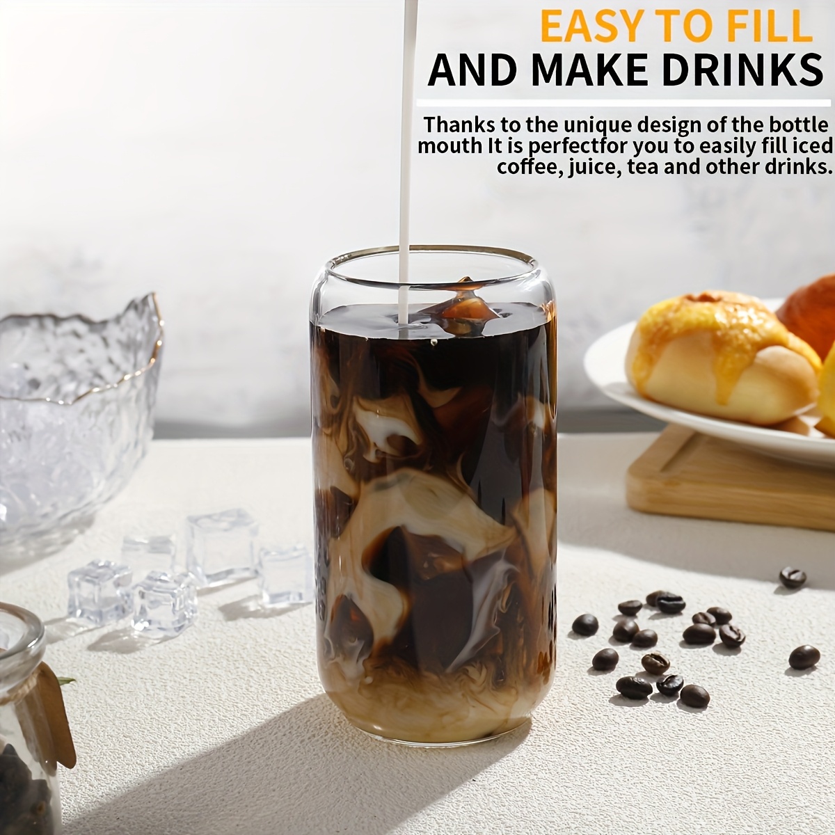 4pcs glass 16 oz   473 2 ml drinking mug with bamboo lid and glass straw pretty jar shaped glasses for parties great for     coffee 2 cleaning brushes Product details 1