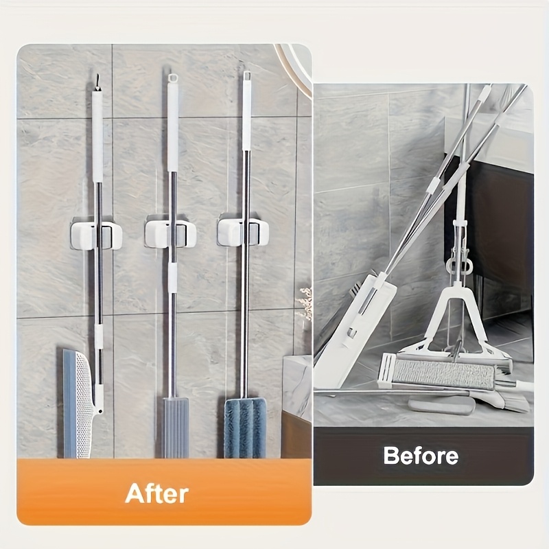 A Two-Piece Wall-Mounted Mop And Broom Holder That Is Easy to Install - Self-Adhesive, No Drilling Required, Suitable for Home Storage in Kitchens And Bathrooms - Made of Durable White Plastic